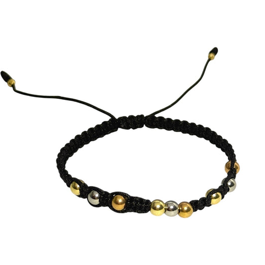 Pulsera en hilo negro con balines liso clásica de oro laminado 18k.